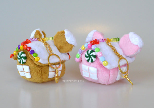 1 Dessert Plush Accessory Ornament Keychain, Cheesecake Plush, Golden Brown or Pink Holiday Gingerbread House Plush Accessory