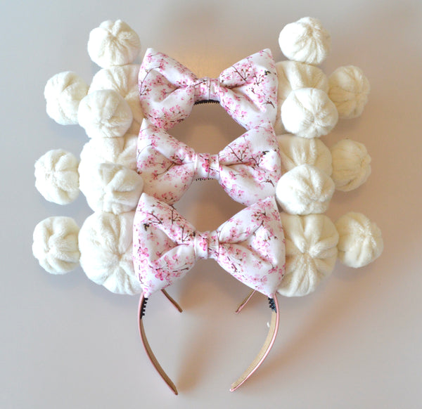 Pink Blossom Bow Dim Sum Headband, Mouse Shaped Bao Ears with a Pink flower bow