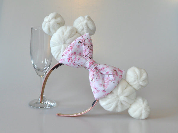 Pink Blossom Bow Dim Sum Headband, Mouse Shaped Bao Ears with a Pink flower bow