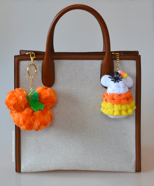 1 Halloween Accessory Keychain, Fluffy Pumpkin Plush, Halloween Candy Cor Tree Plush and Candy Corn Lollipop Keychain Accessory