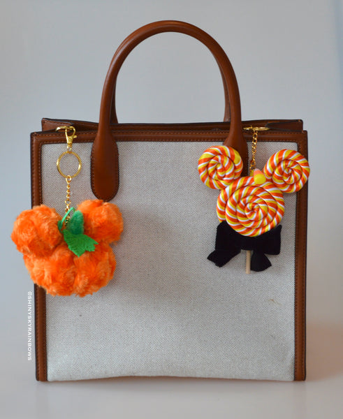 1 Halloween Accessory Keychain, Fluffy Pumpkin Plush, Halloween Candy Cor Tree Plush and Candy Corn Lollipop Keychain Accessory