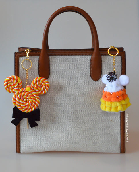 1 Halloween Accessory Keychain, Fluffy Pumpkin Plush, Halloween Candy Cor Tree Plush and Candy Corn Lollipop Keychain Accessory