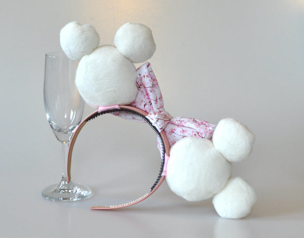 Pink Blossom Bow Dim Sum Headband, Mouse Shaped Bao Ears with a Pink flower bow