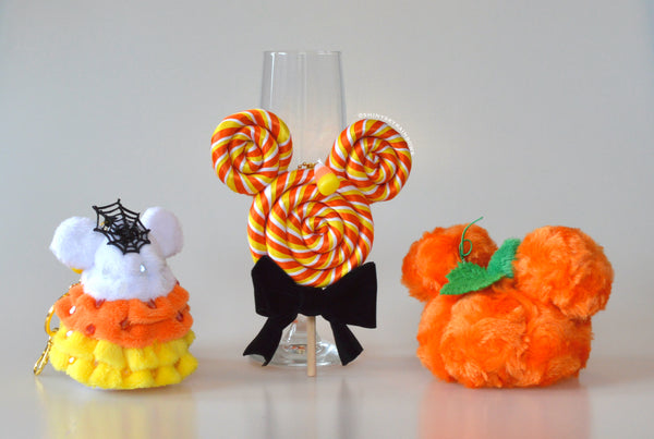 1 Halloween Accessory Keychain, Fluffy Pumpkin Plush, Halloween Candy Cor Tree Plush and Candy Corn Lollipop Keychain Accessory