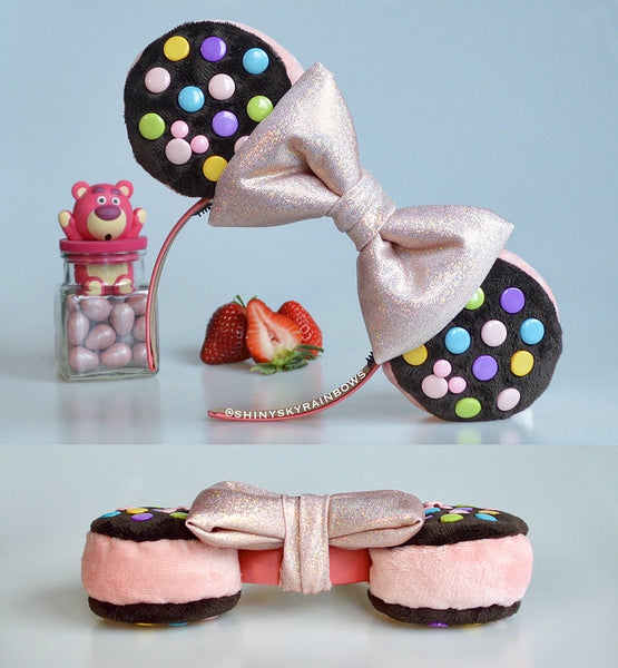 Strawberry Ice Cream Sandwich Ears, Double Chocolate (buttons) Cookie Sandwich Ears with a Rose Gold bow