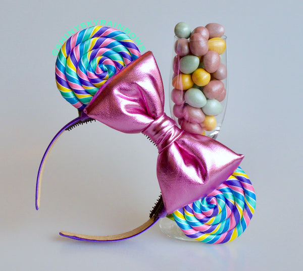 Light pink bow, Pastel Rainbow Lollipop Ears (upgraded with beads on the back)