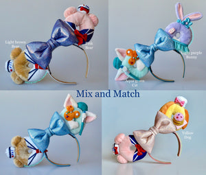 A pair of Mix and Match Sailor bear and friends Doughnut Ears, Please message us your Mix and Match choice after your purchase