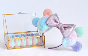 Light purple bow, A pair of Rainbow Sherbet Ears with macaron toppings, Rainbow Ice Cream Ears