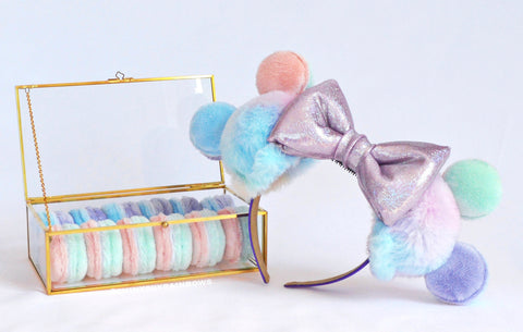 Light purple bow, A pair of Rainbow Sherbet Ears with macaron toppings, Rainbow Ice Cream Ears