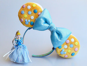 Blue Bow, Colorful Chocolate (buttons) Cookie Sandwich Ears with a light blue bow, Ice Cream Cookie Ears