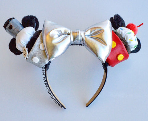 Steamboat and Sprinkles (cherry) Cupcake ears / Silver Bow