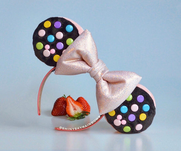 Strawberry Ice Cream Sandwich Ears, Double Chocolate (buttons) Cookie Sandwich Ears with a Rose Gold bow