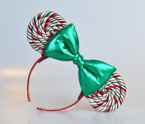 Green bow, Candy Cane Lollipop Ears (upgraded with beads on the back)