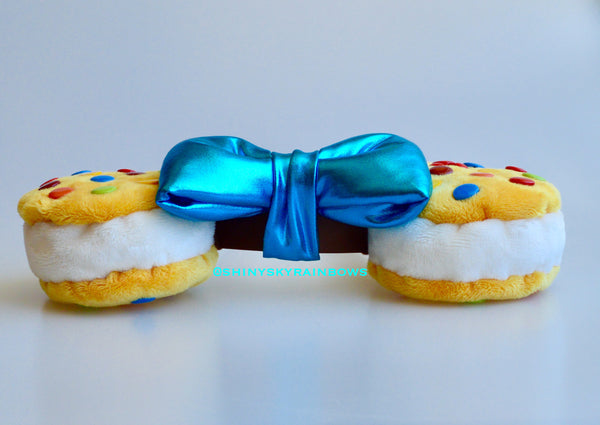 Colorful  Chocolate (buttons) Cookie Sandwich Ears with blue bow, Ice Cream Cookie Ears