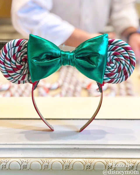Green bow, Candy Cane Lollipop Ears (upgraded with beads on the back)