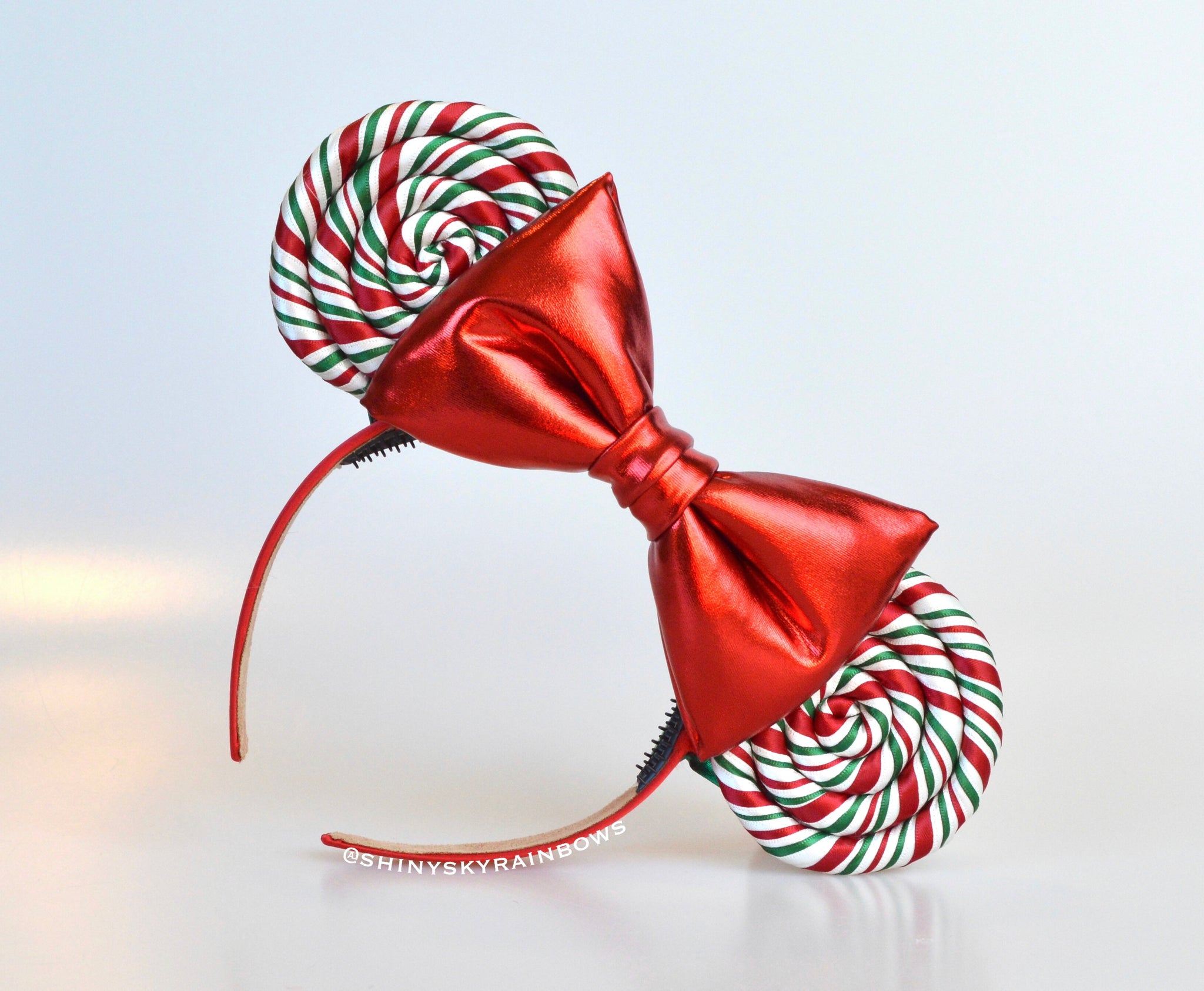 Red bow, Candy Cane Lollipop Ears (upgraded with beads on the back)